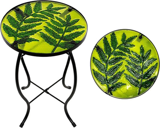 Subtropical Leaf Small Patio Table,Outdoor Side Table,Outdoor Bar Table,Metal Glass End Table for Porch Garden Yard Pool Living Room Valentine Decorï¼10 Inch Side, Valentine Decorations Gift