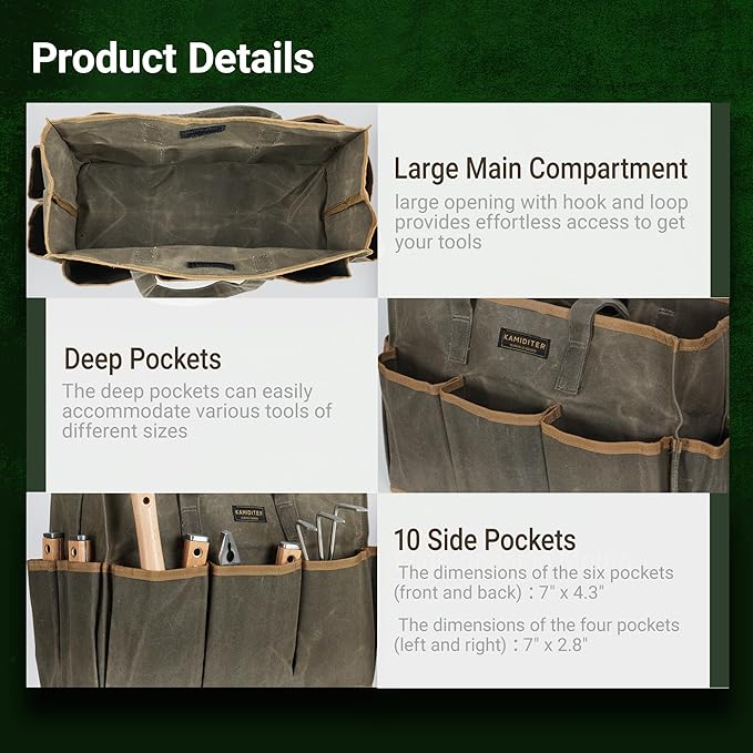 Waxed Canvas Tool Bag Tote, 14 Inch Heavy Duty Tool Organizer with 10 External Pockets & 1 Large Compartment, Army Green