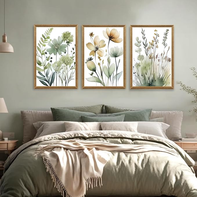 SYWENNOI 3 Pieces Wood Framed Green Botanical Canvas Wall Art, Boho Floral