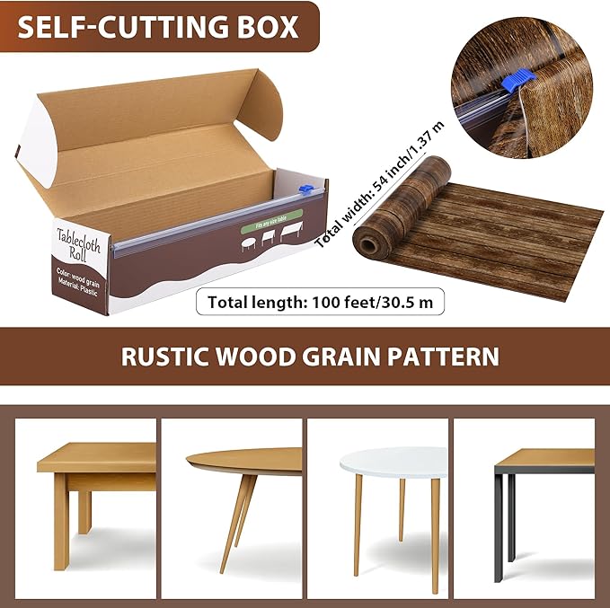 Kochorie 100 Ft x 54 Inch Wood Grain Tablecloth Roll in Slide Cutter Box