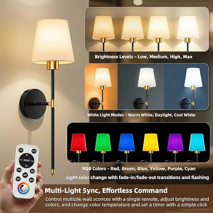 IRONPAX Wall Sconces Battery Operated Set of 2, Wireless Rechargeable Wall