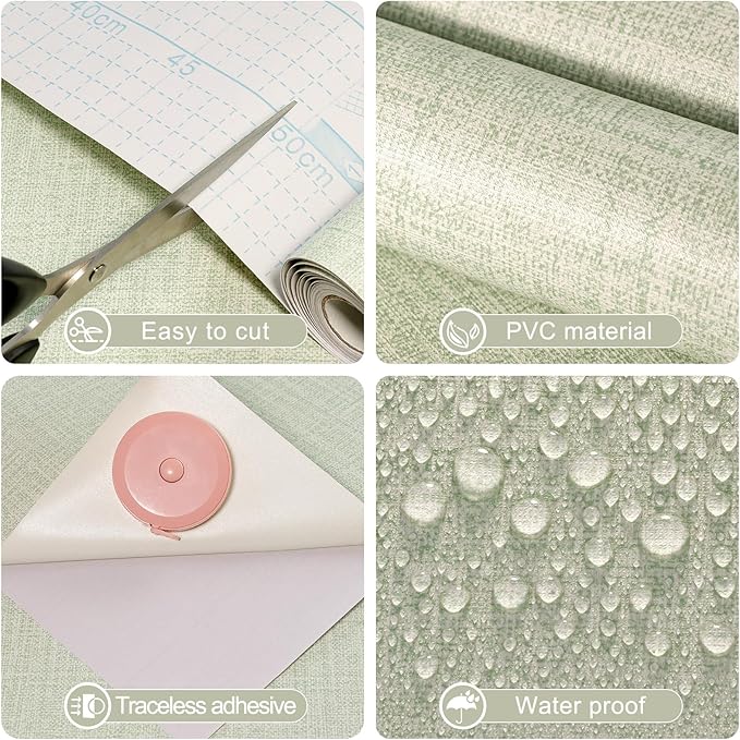 Amiya Grasscloth Wallpaper 17.3"x80" Sage Green Peel and Stick Faux Fabric