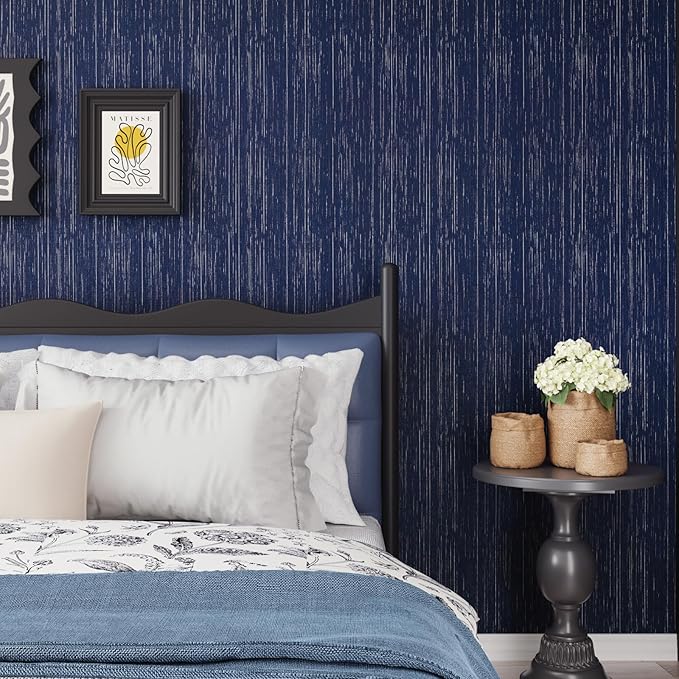 CRE8TIVE Dark Blue Grasscloth Peel and Stick Wallpaper Textured Blue Contact