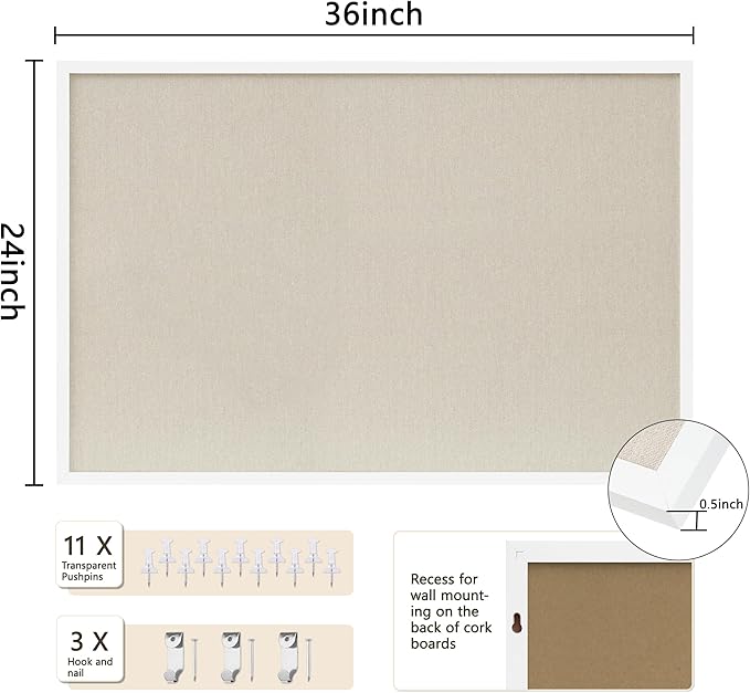 DAHAPYBOO Cork Board with Linen White, Bulletin Board 36"x24" Hanging Corkboards