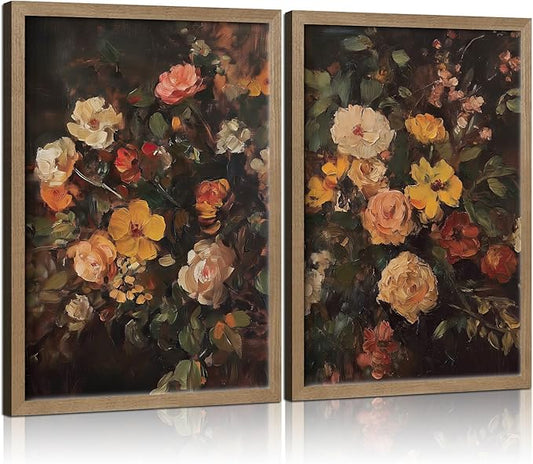 Framed Vintage Canvas Wall Art Classic Floral Oil Painting Style Poster Picture Countryside Painting Nature Scenery Modern Home Print Living Room Gallery Office Ready to Hang 16x24 Inch x2