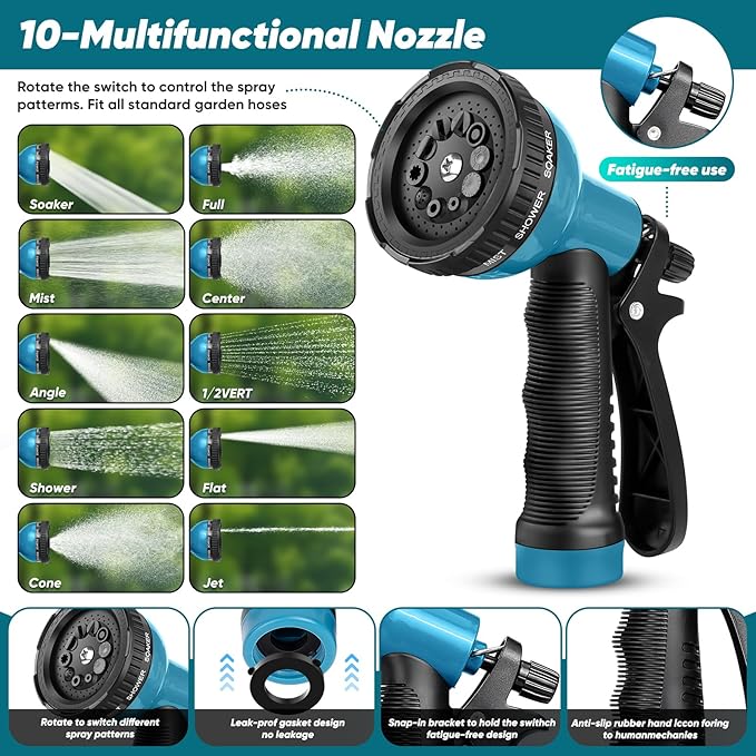 Garden Hose 50FT Non-Expanding, Lightweight Hose With 10-Function Nozzle, Leak-Proof, No-Knot, Easy to Carry, Wear-Resistant, Sturdy 3/4GHT Flexible Water Hose for Yard Garden (Light black)