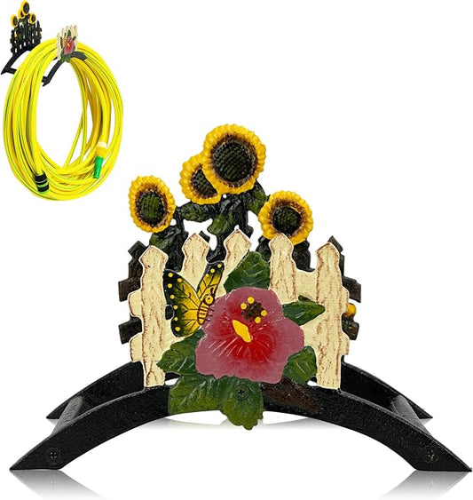 Decorative Garden Hose Holder Wall Mount â Heavy Duty Cast Iron Hose Hanger with Colorful Sunflower Design â Wall Mounted Hose Holders for Outside, Patio, Yard, or Front Door