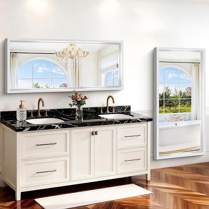60"x28" Brushed Silver Bathroom Mirror, Large Rectangular Mirror