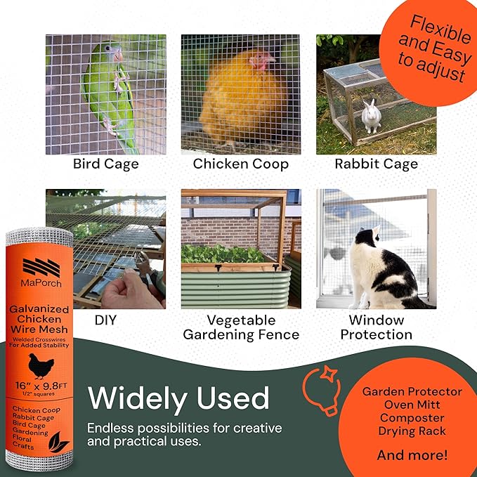 MaPorch Hardware Cloth Mesh - Galvanized Chicken Wire Mesh (15.7'' x 118.1', 1/2 Inch Square) for Chicken Coop, Rabbit and Poultry Fencing - Wire Fence - Metal Fencing