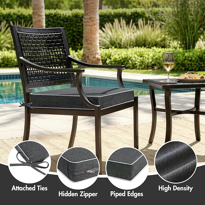 MIULEE Dark Grey Outdoor Chair Cushions Set of 2, 22x22x3 Inch Waterproof Patio Seat Cushions for Outdoor Furniture Couch Sofa, 3 Year Color Fastness High Density Foam with Adjustable Ties