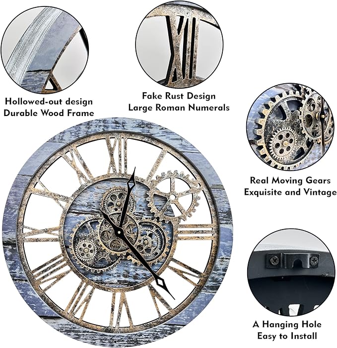 The B-Style Large Wall Clock 24 inch Moving Gear Wall Clock Oversized Vintage