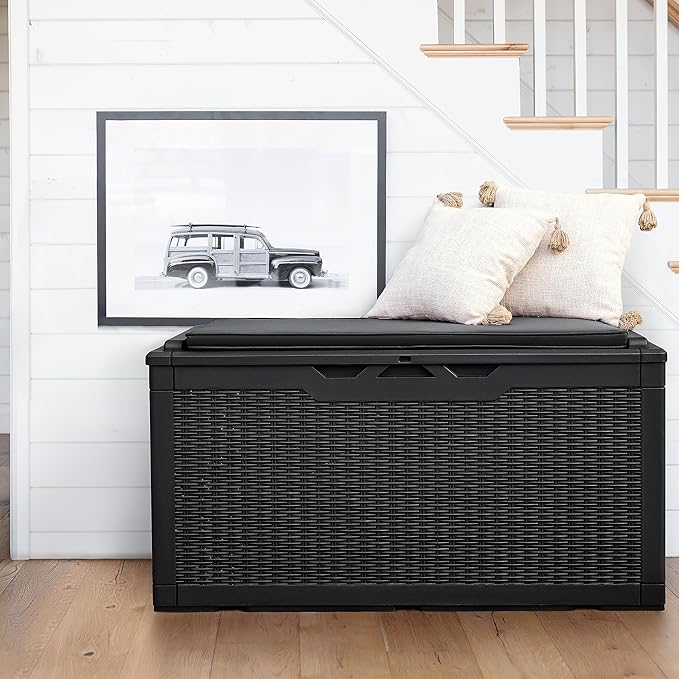 Flamaker Deck Box with Cushion 98 Gallon Waterproof Resin Storage Box with Air Rod Indoor Outdoor Lockable Storage Bench for Patio Furniture, Tools, Pool Accessories (Black)