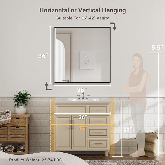 Black Framed Mirror for Bathroom 36x36 Inch Square Beveled Bathroom Mirror