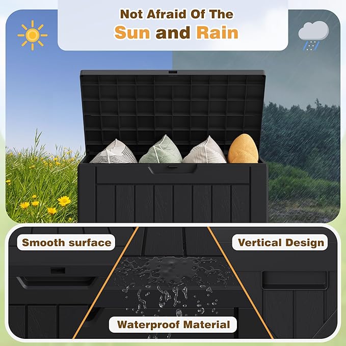 Flamaker Resin Deck Box 40 Gallon Waterproof Outdoor Indoor Storage Box Imitation Wood Resin for Patio Furniture Garden Tools and Pool (Black)