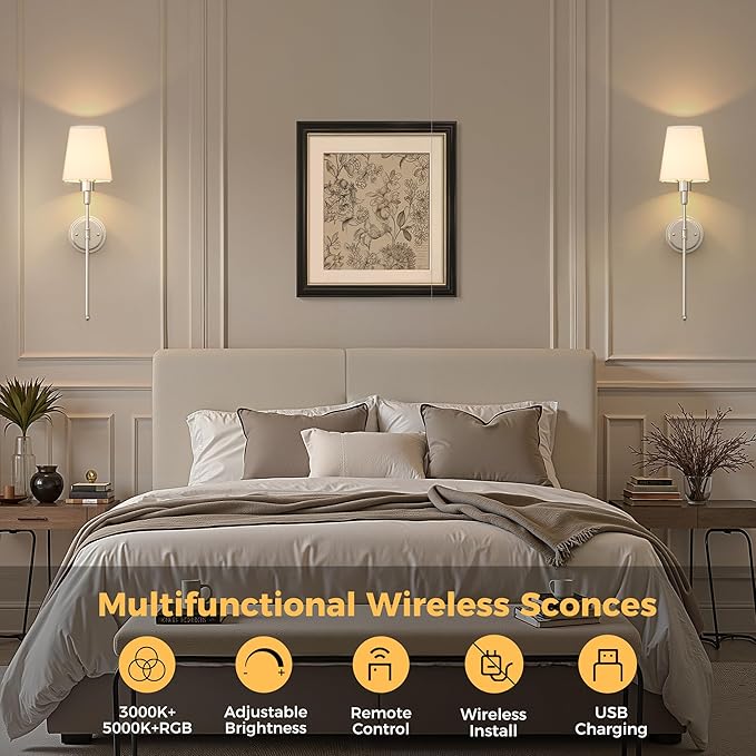 DORESshop Battery Operated Wall Sconce Set of 2, Wireless Wall Light Easy to