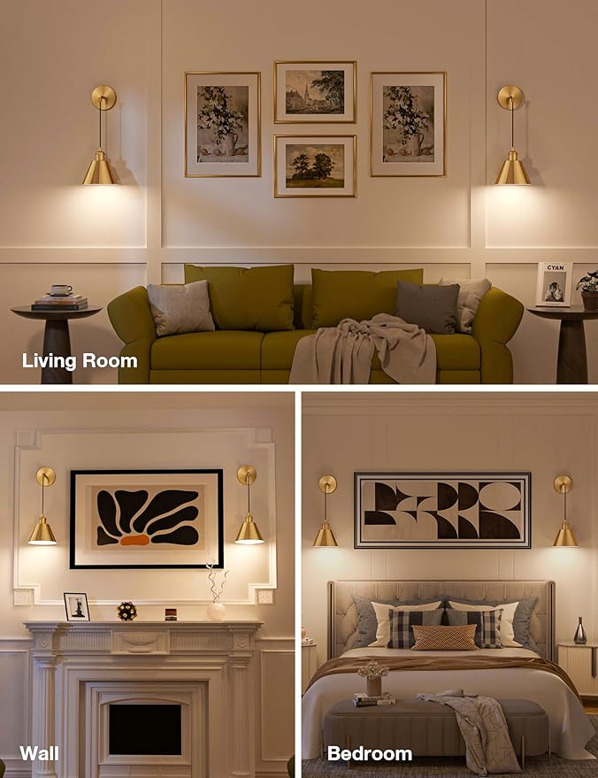 NIORSUN Brushed Gold Battery Operated Wall Sconce Set of 2, 5200mAh Dimmable