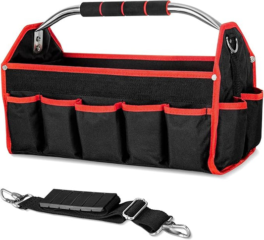 HAUTMEC 16" Foldable Tool Tote Bag, Open Top Tool Bag with Stiff Frame, 16-Pockets Electrician Tool Bag with Padded Steel Handle, Shoulder Strap & Water-Resistant Hard Base â TB0002