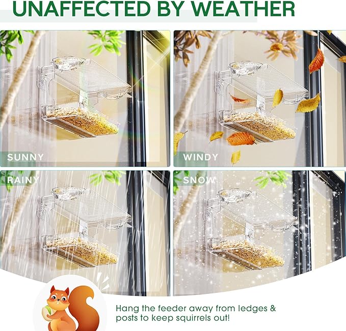 SUNALLY Window Bird Feeder for Outdoors, Clear Wild Bird Feeders Window Mounted with Self-Adhesive Hooks, Outside Hummingbird, burd, Oriole, Finch Bird Watching for Garden, Yard, Elderly Kids Viewing