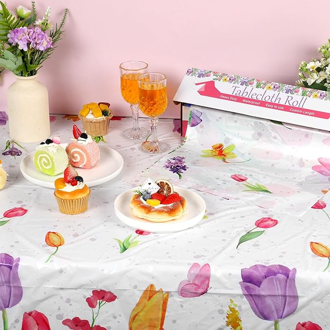 Kochorie 100 Ft x 54 Inch Spring Flower Tulip Tablecloth Roll Plastic Floral