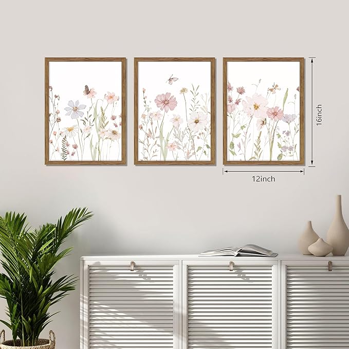 Framed Wildflower Wall Art Set of 3, Vintage Flower Botanical Paintings