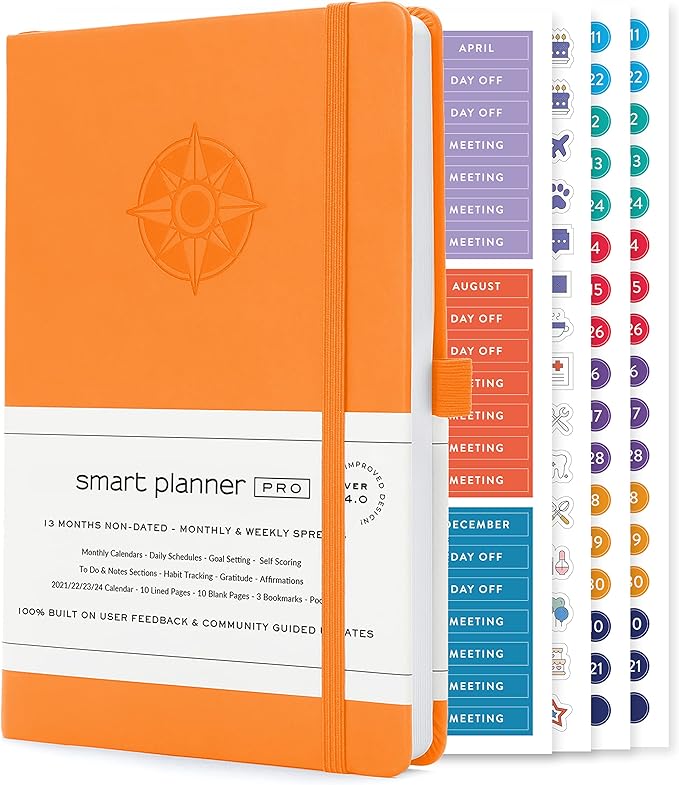 Smart Planner Pro – Undated Daily Planner – Small A5 – Achieve Goals & Increase Productivity – Weekly, Monthly, Work Sections, Organizer Diary with Back Pocket, 3 Satin Bookmarks & Pen Holder