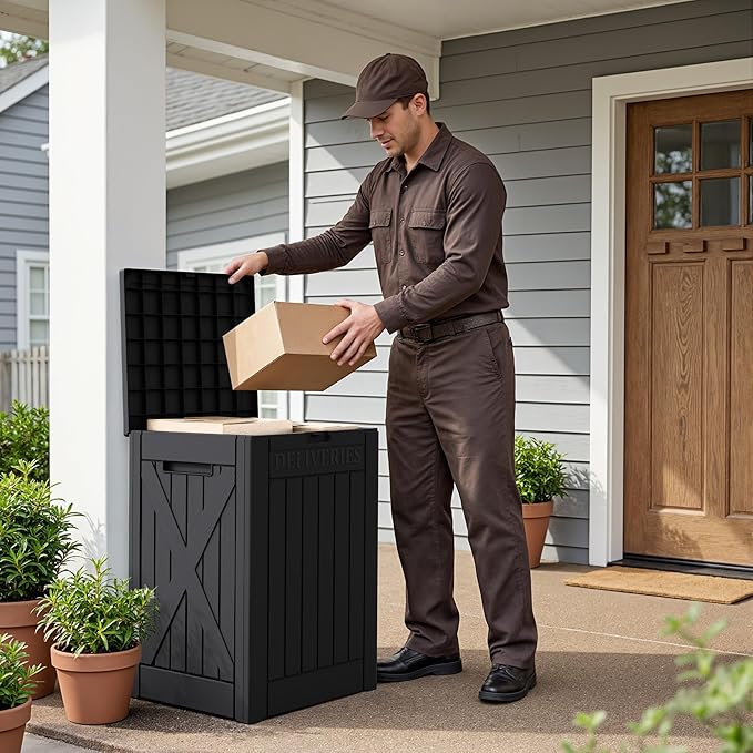 Flamaker 50 Gallon Deck Box, Package Delivery Box for Outside, Outdoor Package Drop Container for Gifts, Waterproof Plastic Storage Container with Lockable Secure for Porch (Black)