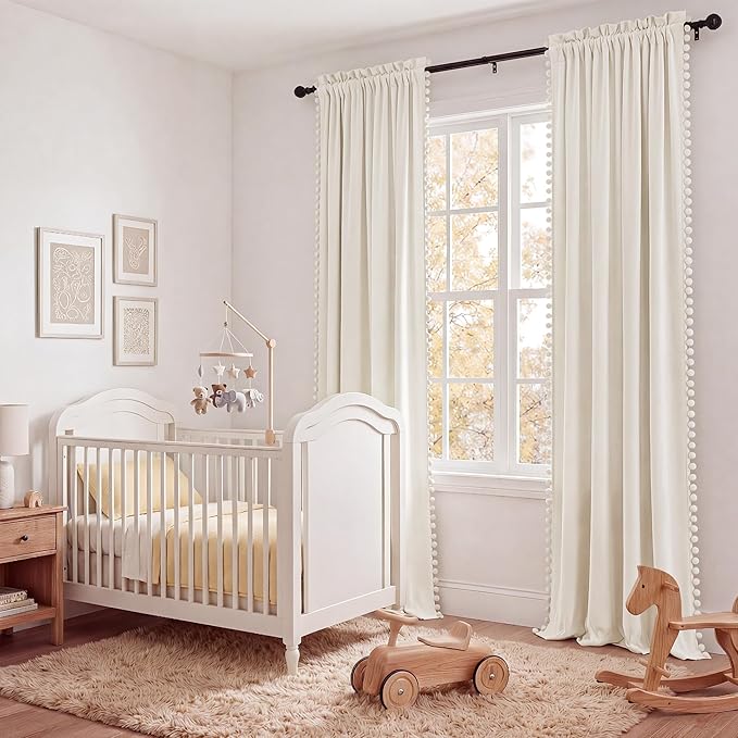 NICETOWN Cute Pom-Pom Trim Velvet Curtains 8 ft Long, Ivory White – Delicate