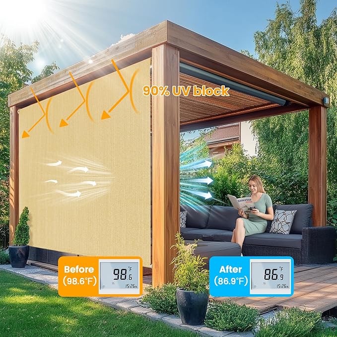 7'W x 6'H Sesame Patio Shades Roll up Outdoor Roller Shade Crank Wand Blind