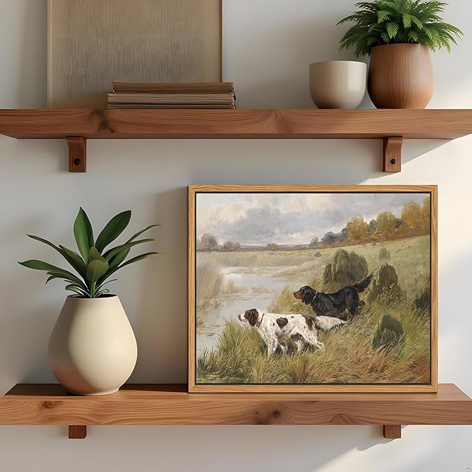 Floating Framed Vintage Hunting Dog Wall Art, Classic Countryside Landscape
