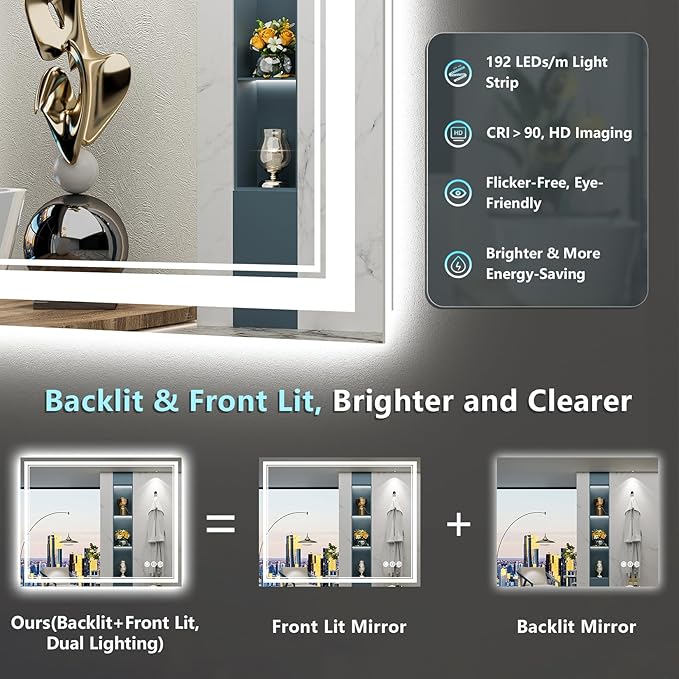36x36 LED Bathroom Mirror with Lights, Backlit and Front Lit Anti-Fog Lighted