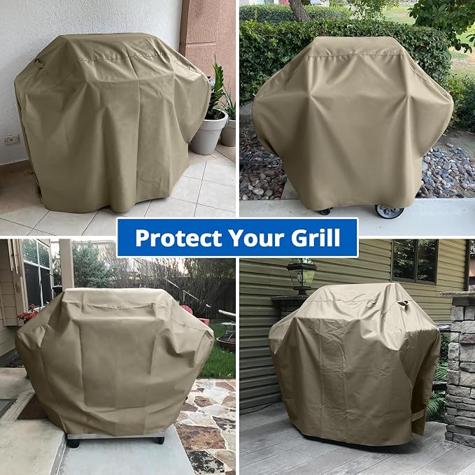 SunPatio Grill Cover 48 Inch for Outdoor Grill, Heavy Duty BBQ Cover with Waterproof Sealed Seam, FadeStop Material, All Weather Resistant Compatible for Weber CharBroil Nexgrill and More, Taupe