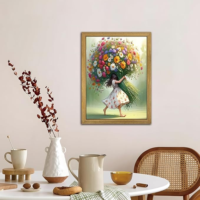 Wood Framed Pink Wildflower Canvas Wall Art, Girl Hugging Flowers Poster Prints