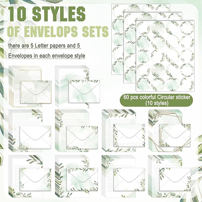 TaoBary 160 Pcs Stationery Paper Set 50 Double Sided Stationery Papers with 50 Matching Envelopes and 60 Round Dot Sticker, 10 Design(Eucalyptus,5.5 x 8.25 Inch)
