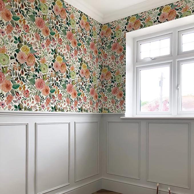 JiffDiff Floral Wallpaper Peel and Stick Pink Floral Wall Mural Removable Peony