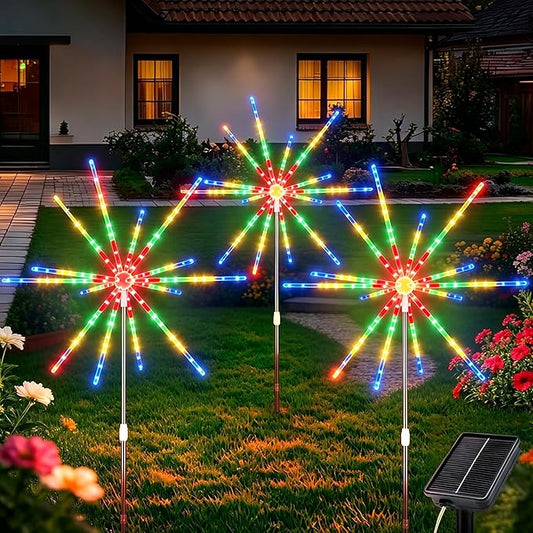 CCILAND 3 Pack Solar Firework Lights Outdoor, 336 LEDs Solar Starburst Garden Lights with Timer 8 Modes, Waterproof Decorative Lights for Yard Patio Walkway Pathway Party Wedding (Multicolor)