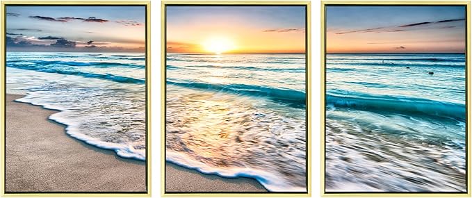 Wieco Art Framed Canvas Wall Art 3 Panel Blue Beach