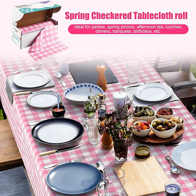 Kochorie 54 Inch x 300 Ft Light Pink Checkered Plastic Table Cloth Roll