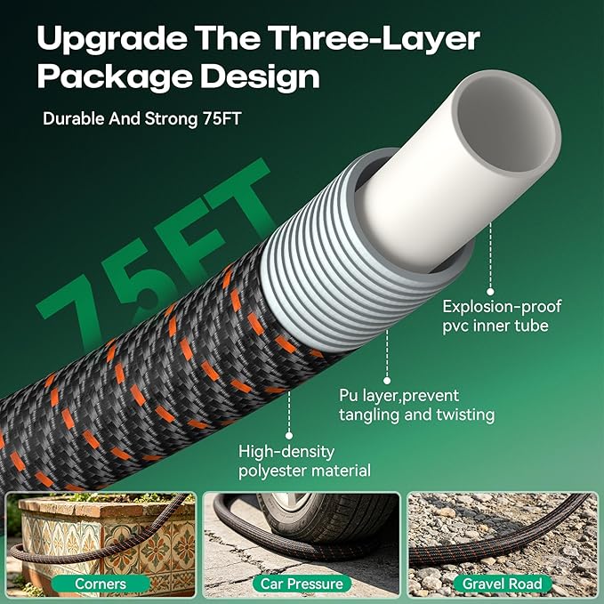 Garden Hose 75ft NON-EXPANDABLE Water Hose, 3-Layer Lightweight Nylon Braided Hose for Yard, Car Wash & Pet Shower, 600 PSI Heavy Duty Burst Kink-Free with 10-Way Nozzle & 3/4" Brass Fittings