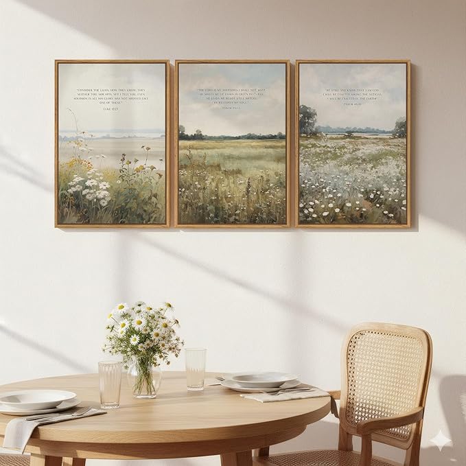 Framed Christian Wall Art Set of 3, Large Wildflower Bible Verse Canvas Prints