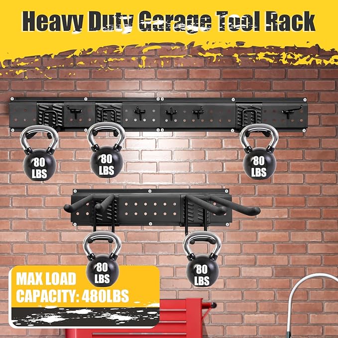 Heavy Duty Garage Wall Tool Organizer – Wall Mounted Storage Rack with Hooks & Panels – Tool Storage System for Garage, Workshop & Garden – Adjustable Hook Positions