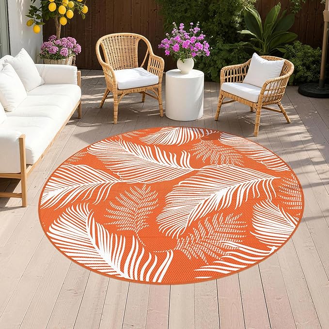 Pauwer Waterproof Outdoor Rug 6ft, Reversible Plastic Straw Patio Camping Rug, Indoor Outdoor RV Mat Carpet for Deck, Camper, Porch, Balcony, Backyard, Picnic, Leaf Orange