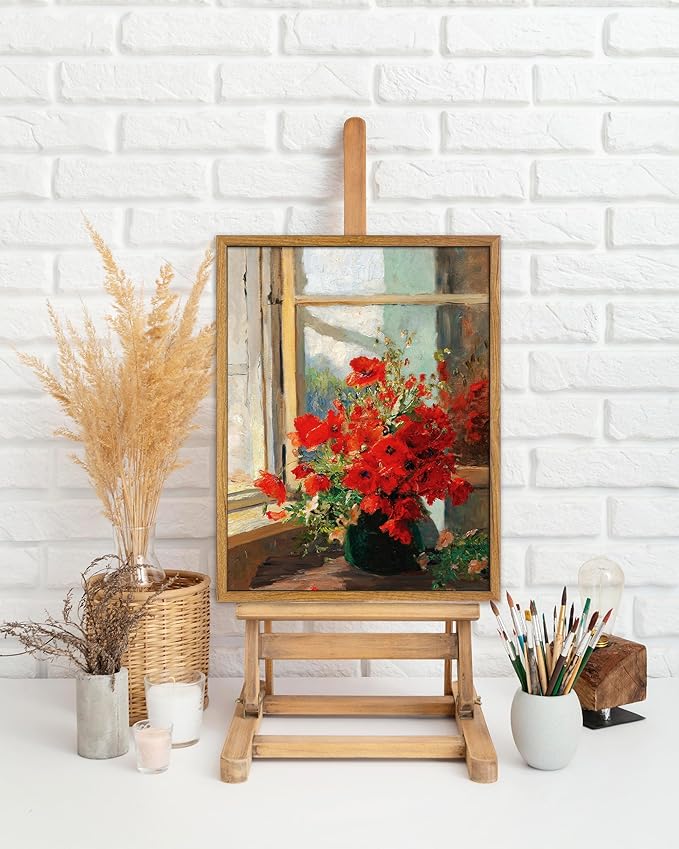 UPWOIGH 8x10 in Framed Wall Art, Red Poppies by the Window Oil Painting Canvas, Vintage Farmhouse Rustic Decor, Red Flowers Print, Antique Wall Decor for Living Room Bedroom, 1 Pack Gift