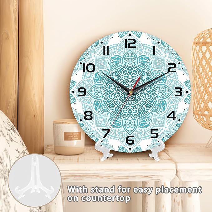 Teal Mandala Flower Wall Clock, Silent Non-Ticking, Battery Operated, Wooden