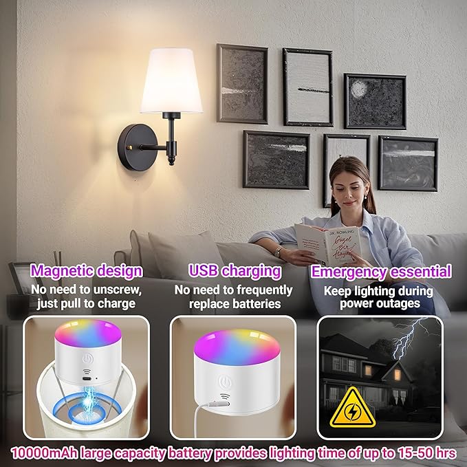 YHCDLAMP Battery Operated Wall Sconces Set of Two, Rechargeable Wireless Wall