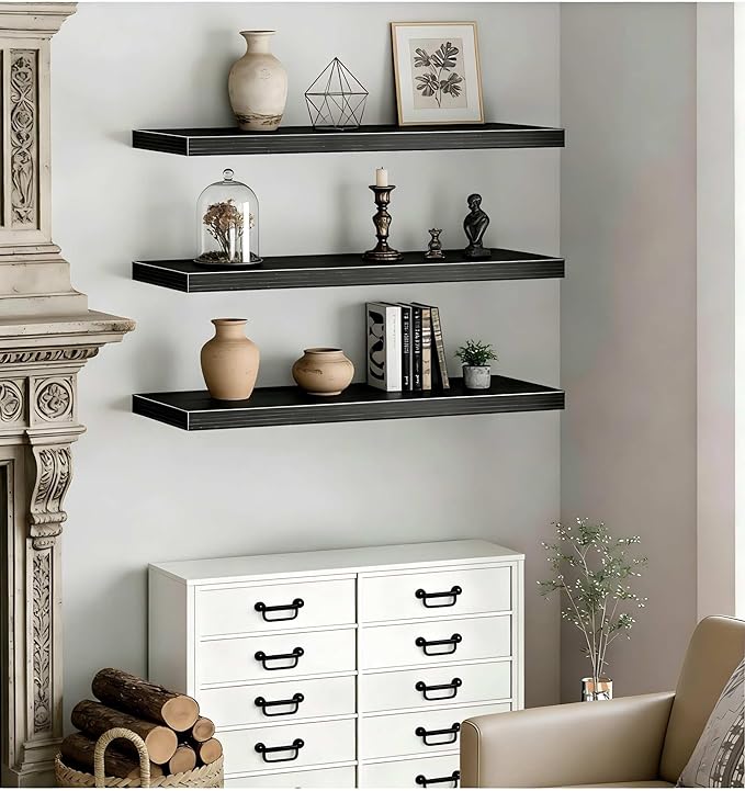 Vervida® Black Floating Shelves, 47.2 in W x 9.3 in D Wall Mounted Wood Shelves