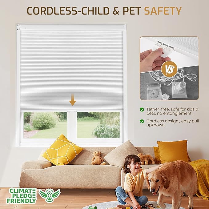 Grandekor No Drill No Tools Cordless Cellular Shades, UV Protection Privacy No