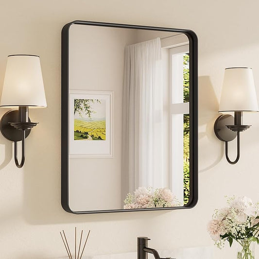 TETOTE Black Framed Bathroom Mirror, 24 x 30 Inch Matte Metal Frame Vanity