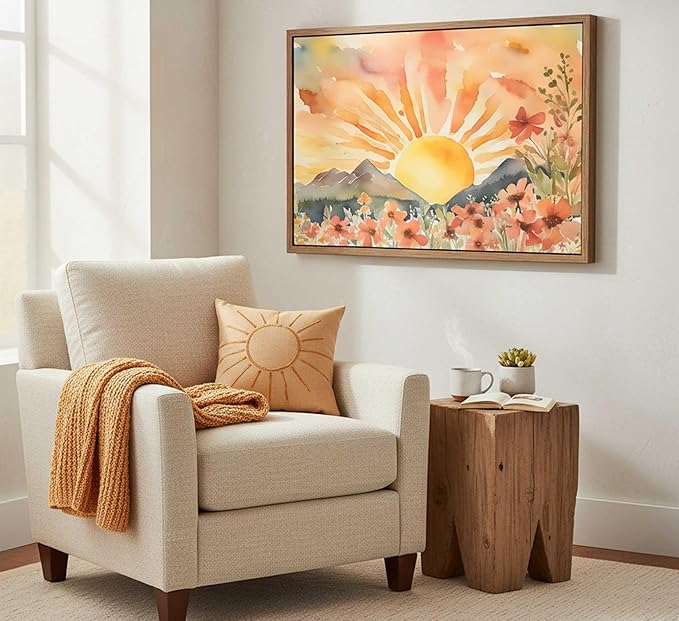 Framed Boho Sun Canvas Wall art Mid-Century Modern Abstract Bohemian Sunset in
