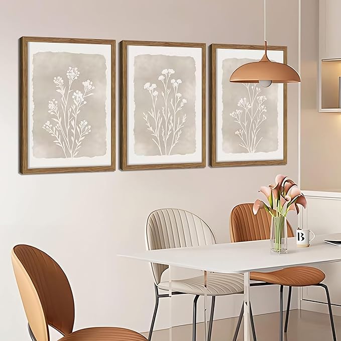 Framed Boho Botanical Flower Wall Art Set of 3, Vintage Minimalist Neutral