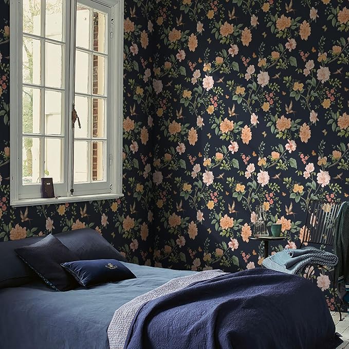 Froluya Dark Blue Floral Peel and Stick Wallpaper Vintage Floral Contact Paper